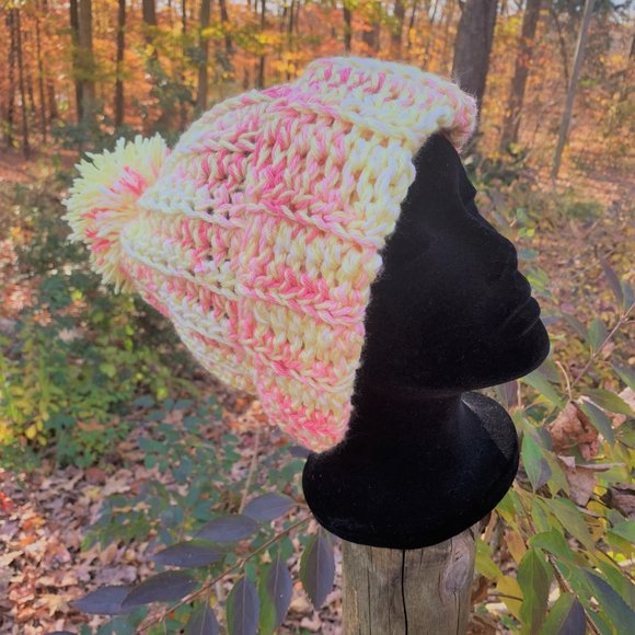 Handmade Pom Pom Pink/Pale Yellow/Ribbed Crochet Slouch Women's/Teens Beanie Hat - Picture 4 of 7